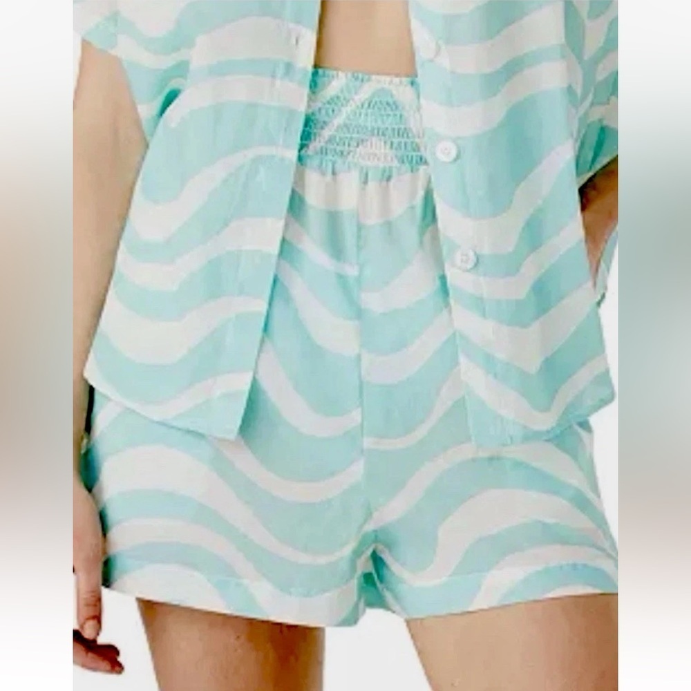 Kate Spade NY Women Sz L Low Tide 100% Cotton, Pockets Cover-Up Shorts Teal $125